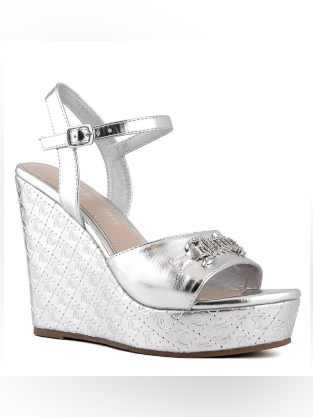 Silver Metallic Wedge Sandals with Ankle Strap